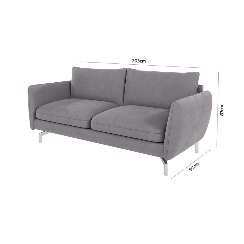 Modern Sofa 3 Seater  with Silver Metal Legs, Grey