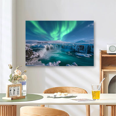 Iceland Frozen Waterfall Under Green Northern Lights Aurora Borealis Winter Nature Landscape, Large Gallery Wrapped Canvas Wall Art Print for Living Room & Bedroom