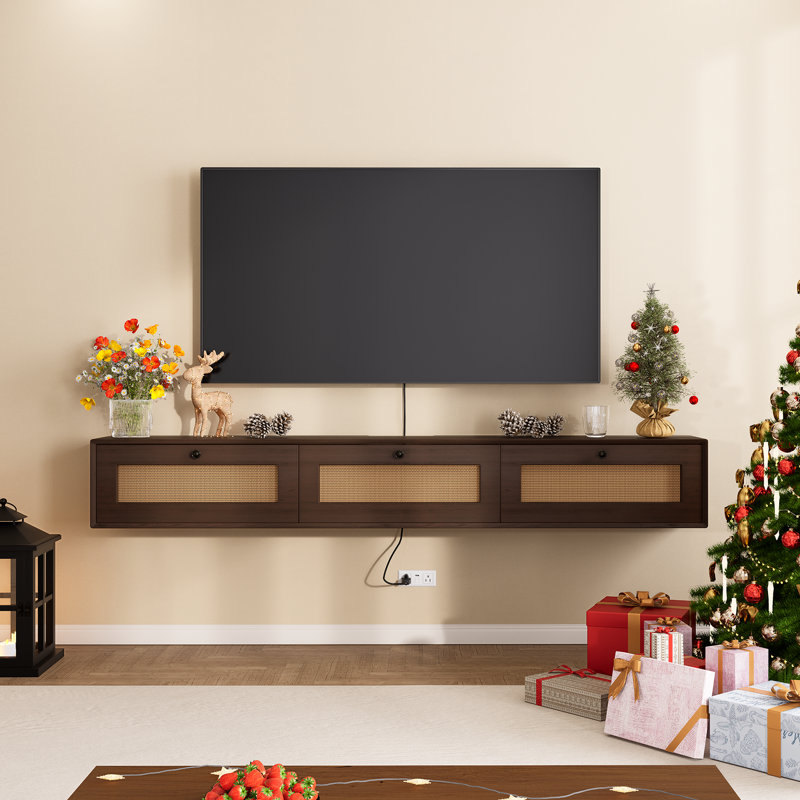 Meuble télé flottant entièrement assemblé avec portes en rotin, meuble télé mural 47 po, H 10,2 po x L 47 po x l 9,4 po
