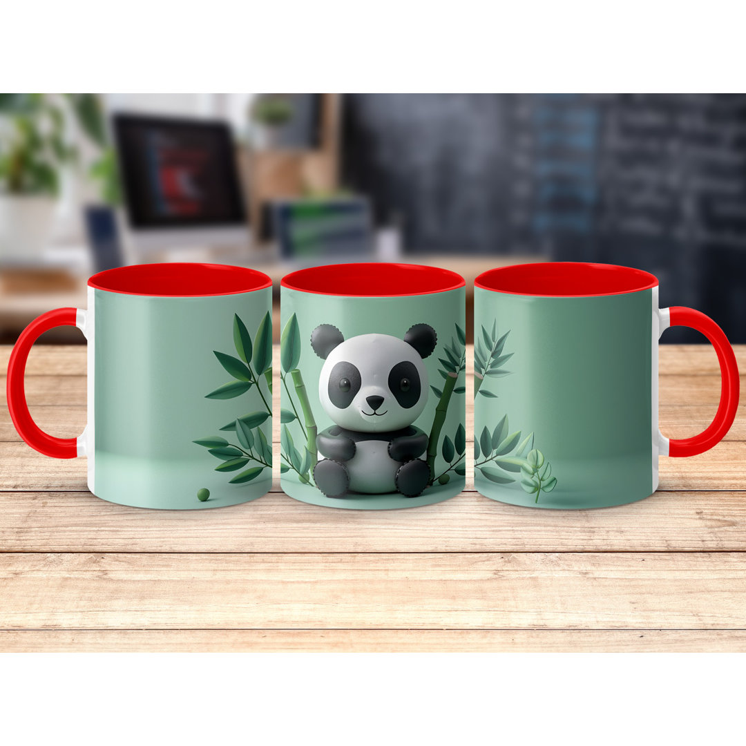 Colourful 3D Design 11oz Accent Mugs – White Ceramic Coffee Cup with a Red Handle and Interior