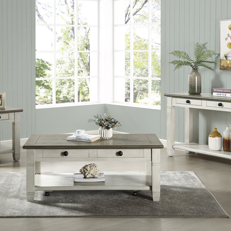 Table basse avec roulettes et 2 tiroirs, Blanc antique