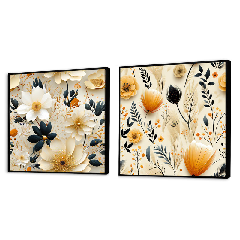 Balsamine - ensemble de 2 collages floraux carrés, Cadre flottant noir, H 30 po x l 61 po
