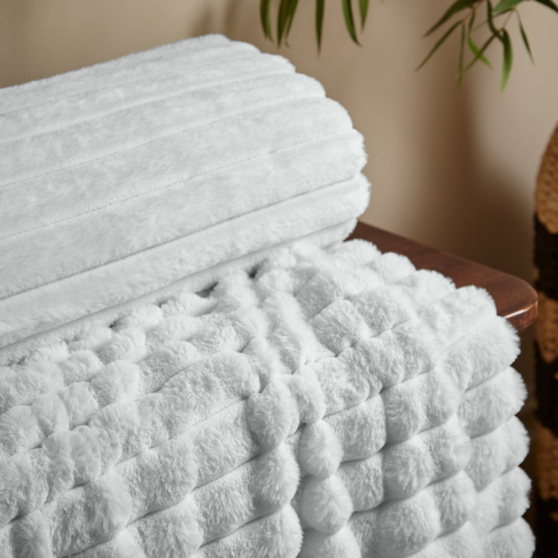 Cosy Ribbed Faux Fur Blanket Throw, Grey