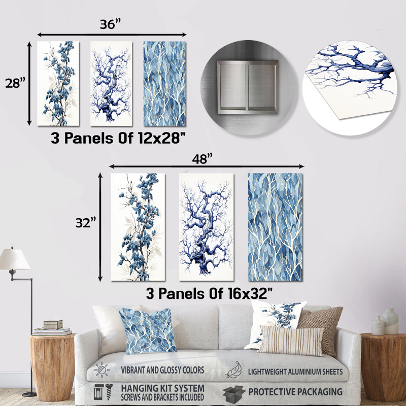 Windy - arbre blanc et bleu, beauté I - ensemble de 3 impressions d'arbre en métal, H 28 po x l 36 po