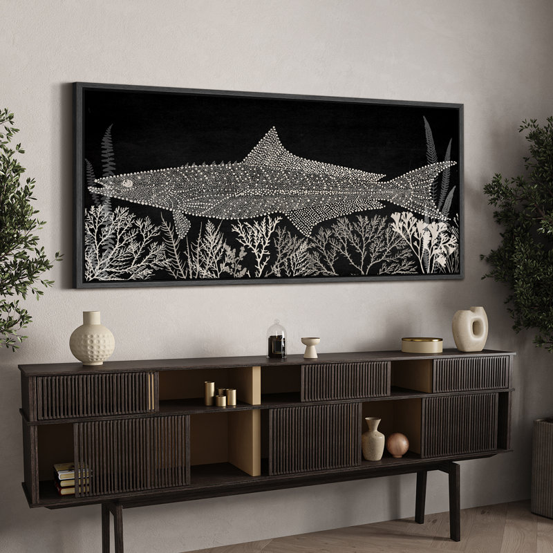Reproduction d'art sur toile encadrée, thon noir et blanc, H 30 po x l 60 po, Noir, noir, noir, noir