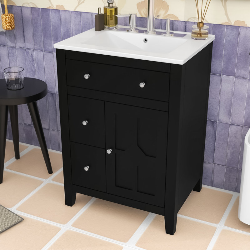 Meuble-lavabo avec lavabo en céramique, 2 tiroirs et tablette réglable, Noir