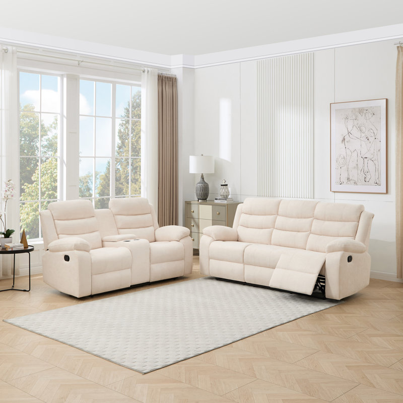 2 Piece Linen Reclining Living Room Set, 5 Seater, Beige