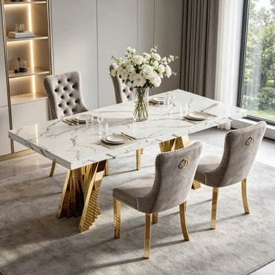 Modern Faux Marble Dining Table Set, Luxury 70.8" Dining Room Table with Velvet Upholstered Chairs, Luxurious Kitchen Table with Lightning Stainless Steel Pedestal, Rectangle Dining Table Set