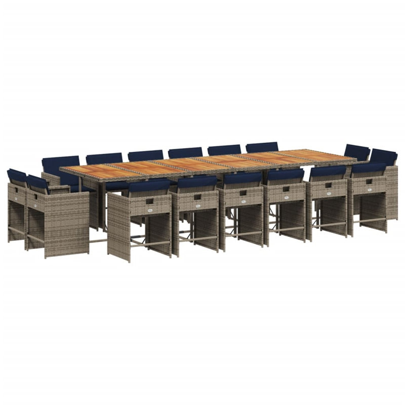  Ensemble repas 17 pièces pour patio avec coussins en rotin de polyester gris