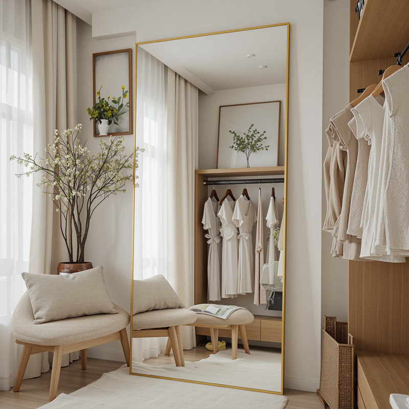 Oversized Aluminum Alloy Framed Rectangle Full Length Mirror with Stand Wall Mirror, Gold, 71" x 30"