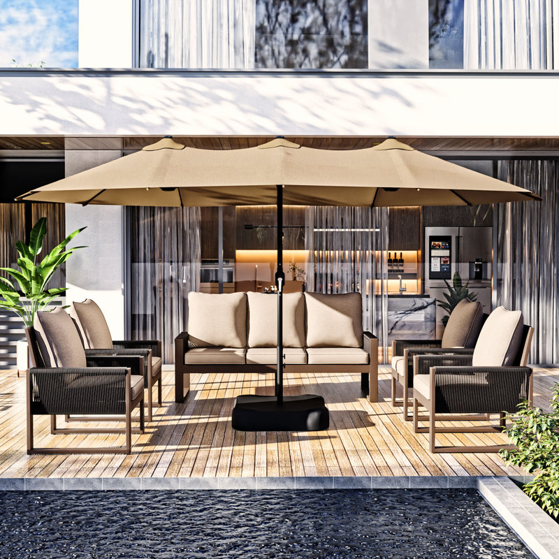 Grand parasol rectangulaire beige à double plateau 15 x 9 pi avec base remplissable, Beige