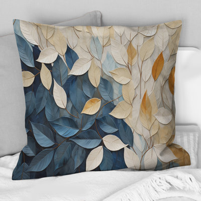 Beige And Blue Minimalism Leaves Collage - Leaves Printed Throw Pillow