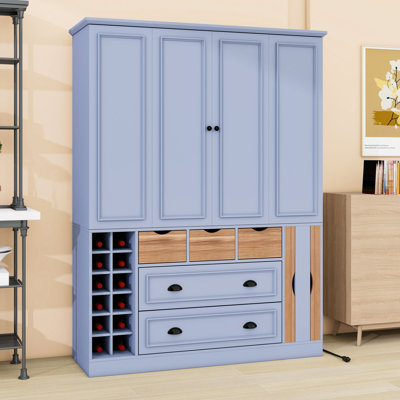 Armoire de cuisine avec 12 casiers à vin, prise de courant, plateaux de service, tablettes réglables et 5 tiroirs