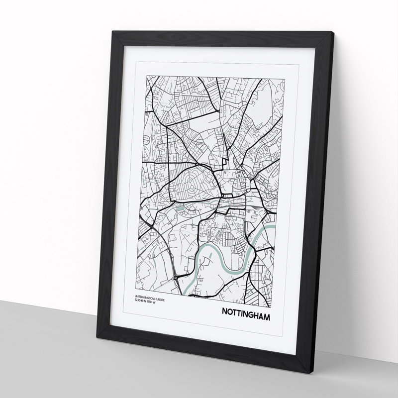 Map Nottingham UK - Picture Frame Graphic Art, 65cm H x 48cm W x 2cm D, Black