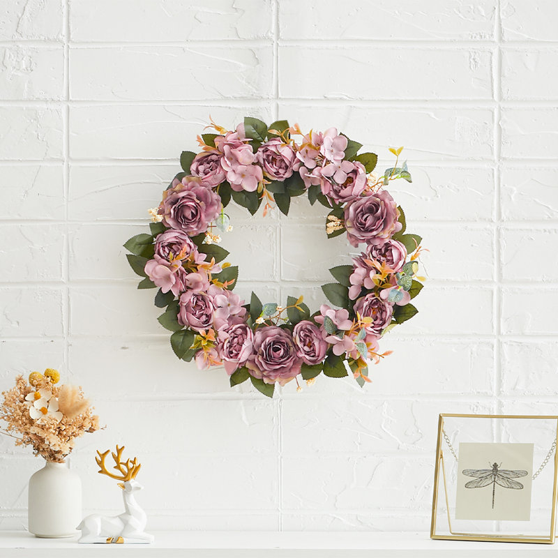 Handcrafted Faux Peony Polyester 34cm Wreath, Purple