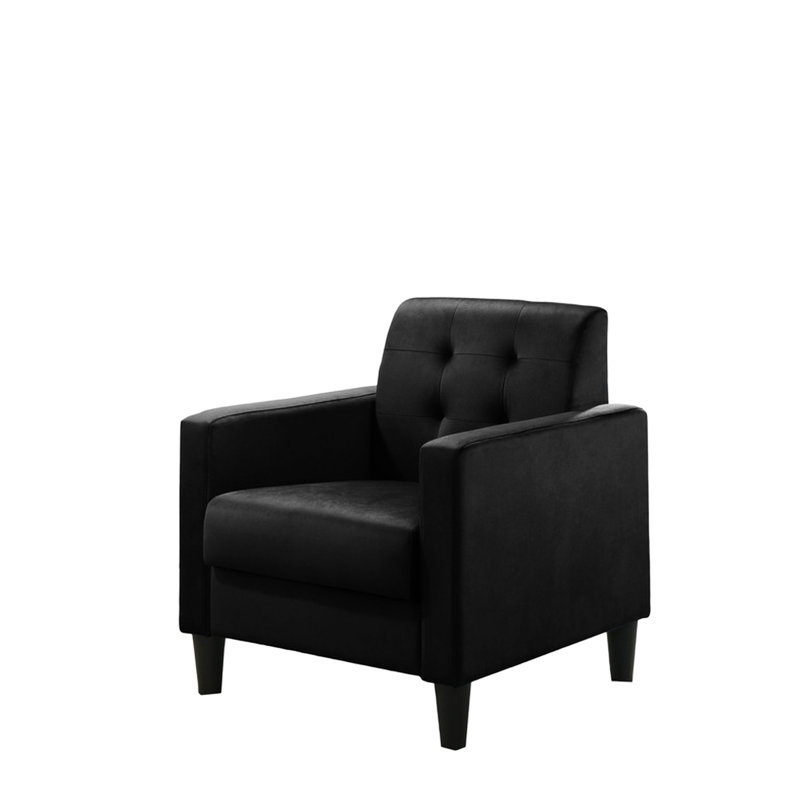Black Velvet Armchair, 27.5", Square Arms, Full Foam Seat Cushion Comfy Feel 16.14" Height, Back