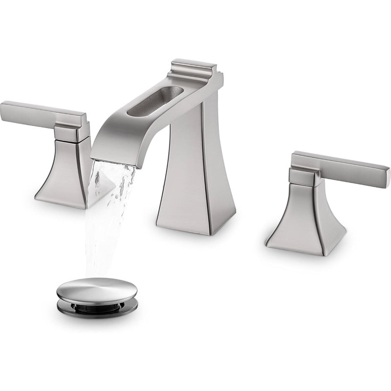 Brushed Nickel Bathroom Faucet 3 Hole, Brass Waterfall  Widespread Bathroom Sink Faucet With Pop-Up Drain, Cupc Supply Hoses, 2 Handles For Vanity, Restroom, Modern Hollowed Design