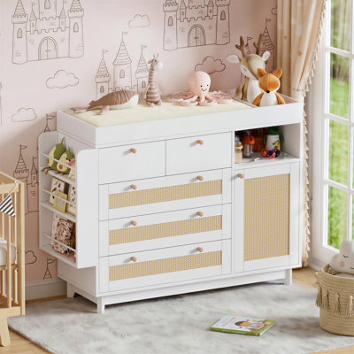 Baby Changing Table Dresser with 6 Rattan Drawers & Storage Cabinet,White Nursery Changing Station with Adjustable Shelves,Side Open Shelves,Magnetic
