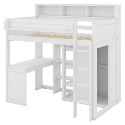 Wood Loft Bed With Multiple Storage Shelves And Wardrobe