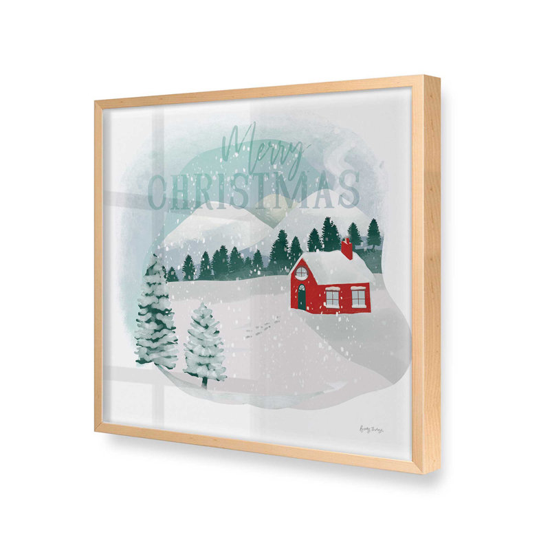 Imprimé chalet des Fêtes dans la neige, H 17,5 po x l 17,5 po, Cadre en érable brut, bois massif