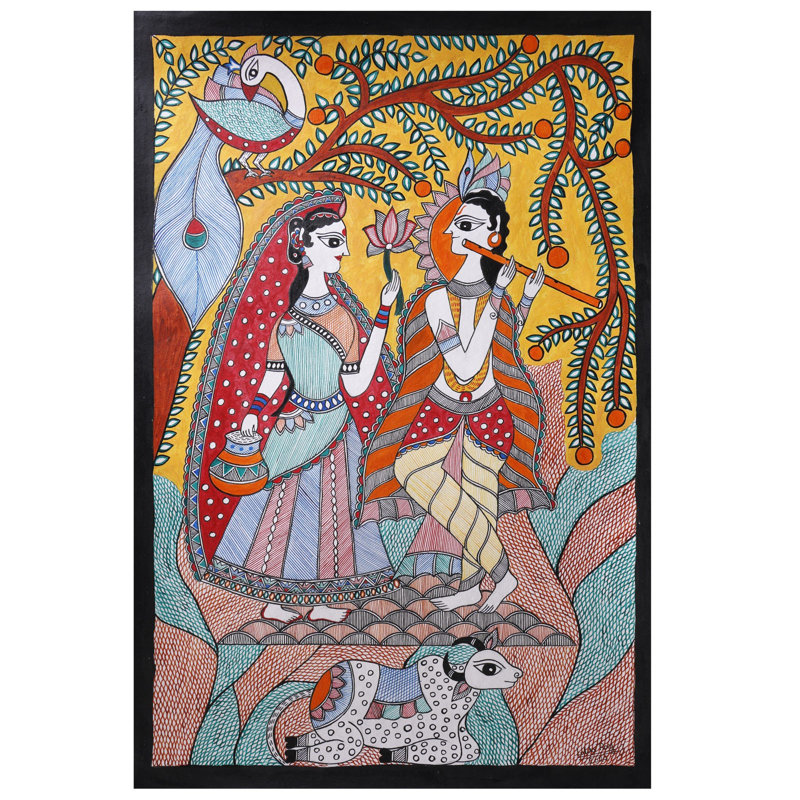 «Radha Krishna Spiritual Love», peinture acrylique encadrée sur papier faite à la main Madhubani par Lalita Ray - H 22 po x l 15 po, décoration murale d'art populaire indien