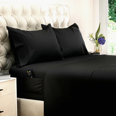 CoolMax Twin XL Sheet Set - 4 Piece Cooling Bed Sheets with Side Pocket - Extra Long Twin Fitted Sheet - Soft & Durable Fine Brushed Polyester - Black