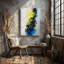 Toile Une œuvre d'art expressionniste vibrante mettant en vedette de grandes fleurs jaunes lumineuses entrelacées avec une toile murale tourbillonnante bleu foncé et noir-1262855881