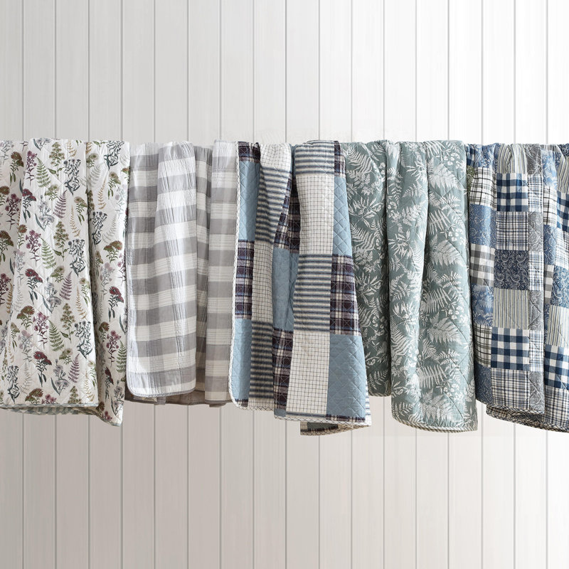 Hawthorne Blue Cotton Twin Reversible Quilt Set