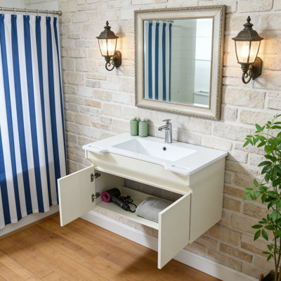 32'' Wall Mounted Single Bathroom Vanity with Solid Surface Top, Motion Sensor LED Light