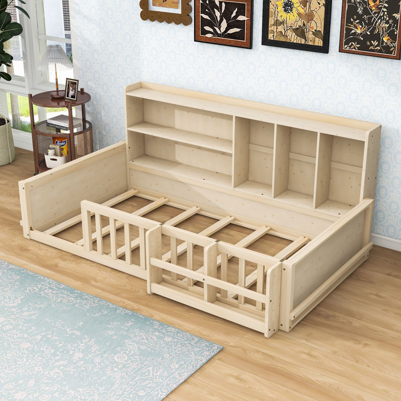 Lit de plancher en bois de style clôture avec bibliothèque, garde-corps et 5 tablettes latérales, Lit simple, Naturel