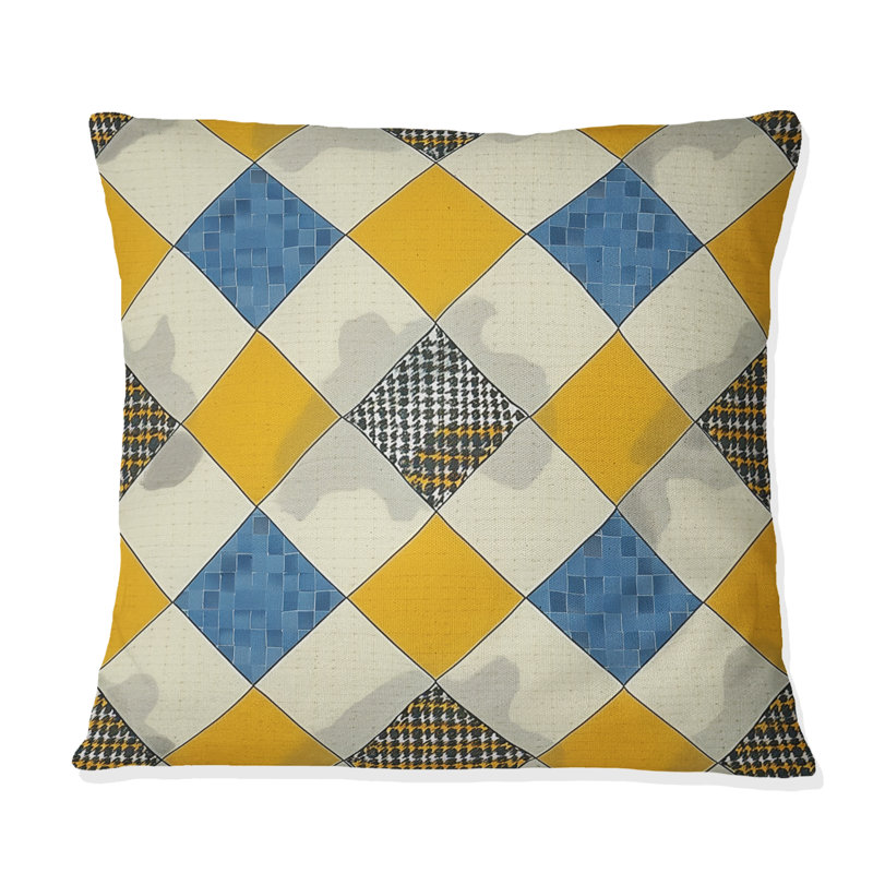 Coussin moderne bleu et jaune Houndstooth II, H 16 po x l 16 po