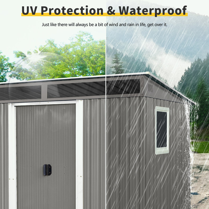 Gray 8'x6' Metal Outdoor Storage Shed with Windows and Sliding Door