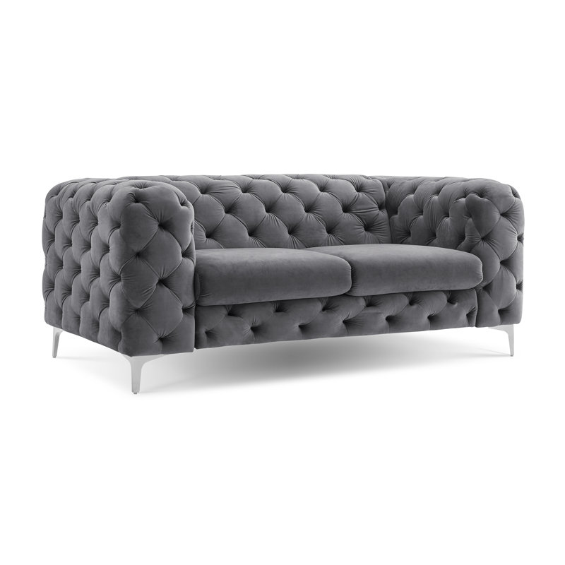 Willa Tufted Velvet Chesterfield Loveseat / Sofa with Chrome Legs, Gray Velvet, 29.5" H x 70.5" W x 39" D, 2