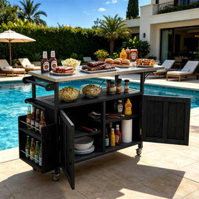 Patio Outdoor Kitchen Island With Drop Leaf, Outdoor Kitchen Cart With Lockable Wheels, Storage Cabinet And Towel Rack