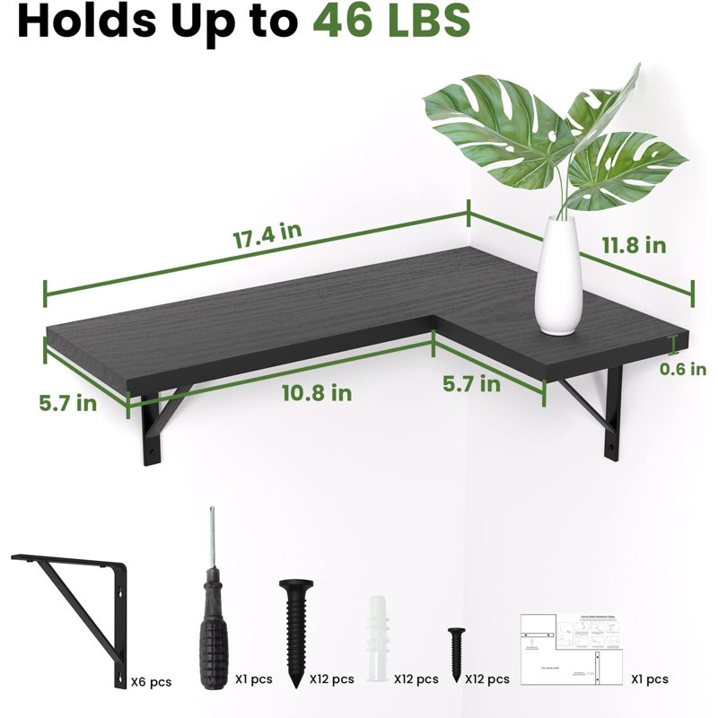 Floating Corner Shelves Set Of 3 - Wall Mounted L-Shaped Shelves For Bedroom, Kitchen, Living Room, Bathroom, Office - With Sturdy Wood And Metal Brackets
