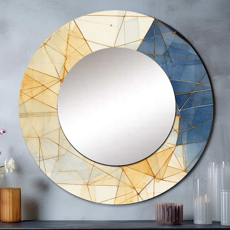 Minimaliste bleu et or II - formes abstraites miroir unique, grand miroir mural rond moderne, art imprimé en métal