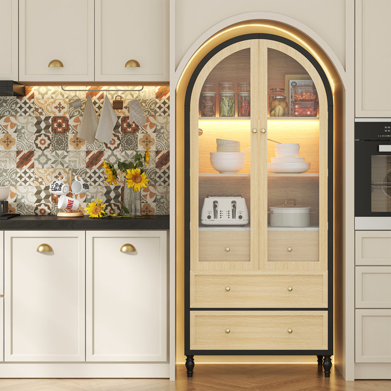 73 Inch Tall Arched Storage Cabinet With Doors Arched Pantry Led Lighted Display Cabinet Bookshelf