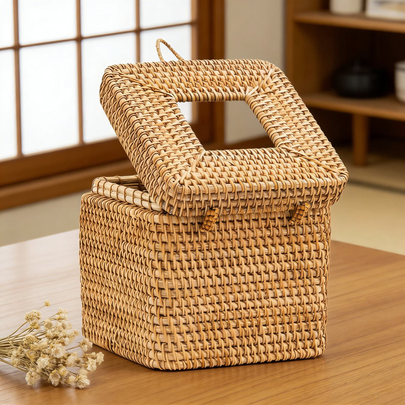 Rattan Tissue Box Cover With Hinged Lid - Decorative Woven Square Holder For Facial Tissues, Napkins, And Paper Towels - Natural Home And Office Decor