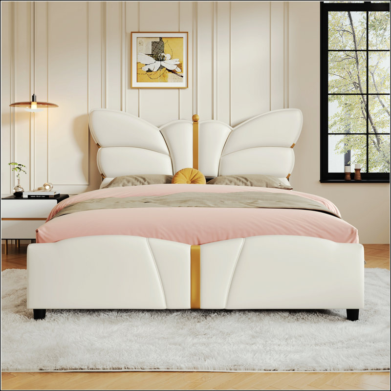 Structure de lit rembourrée en similicuir, Beige, Double