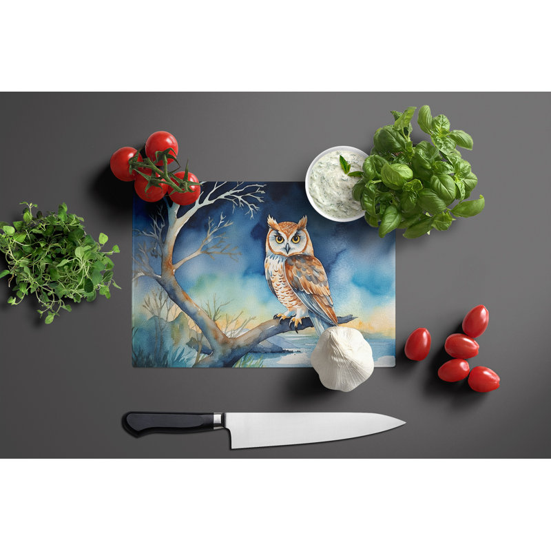 Owl Perched in Coastal Tree Glass Cutting Board