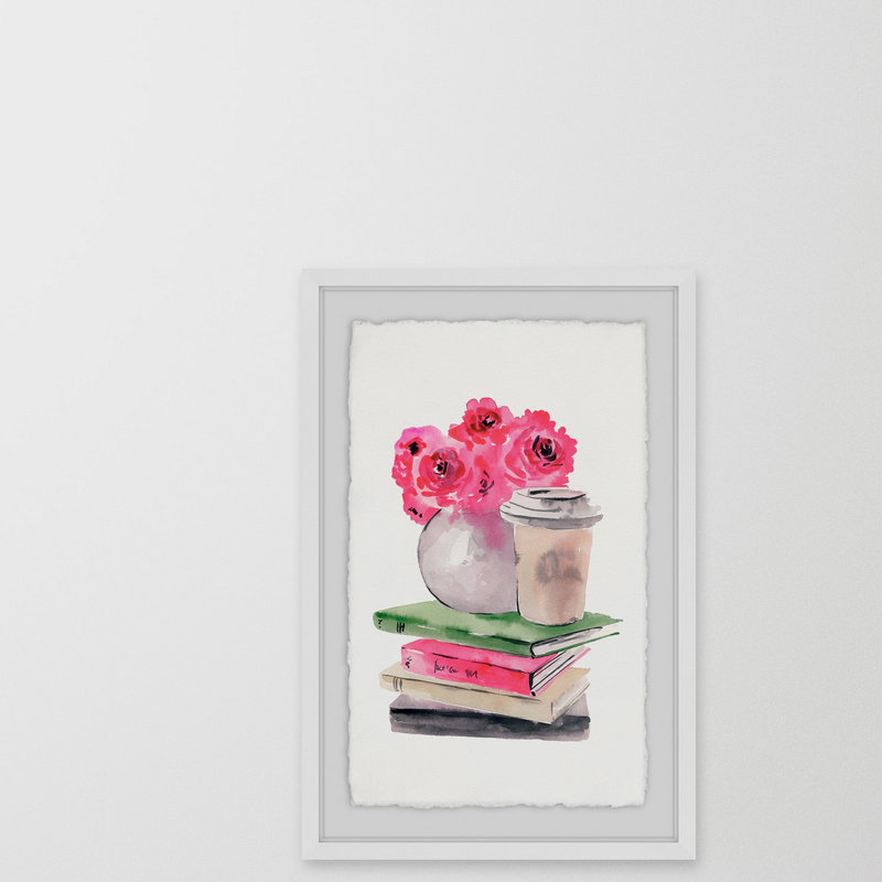 «Book and Coffee Corner», reproduction de peinture à l'aquarelle sur papier encadrée, H 18 po x l 12 po x P 1,5 po