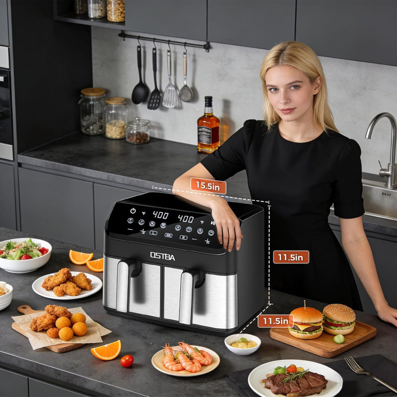 Friteuse à double air de 9,5 pintes, écran tactile numérique, finition synchronisée, 8 programmes prédéfinis, arrêt automatique