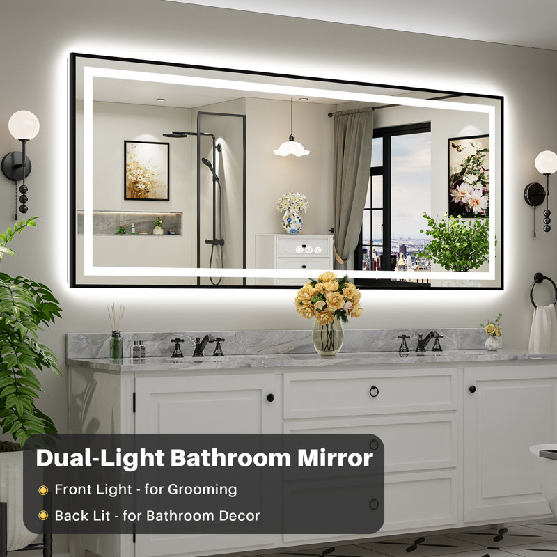 Matte Black Matel Framed LED Bathroom Mirror with Front-lit and Back-lit, Memory Function, 3 Color Temperatures & Dimmable Light, Anti-fog Tempered Glass