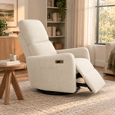 Fauteuil inclinable pivotant électrique rembourré pour adultes, chaise berçante à 270° en velours beige pour salon