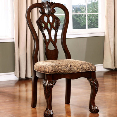 Ensemble de 2 chaises d'appoint traditionnelles, fabrication en bois massif, couleur cerise, coussin de siège en tissu imprimé, dossier et pieds complexes en bois massif 2, siège, conception avec griffe
