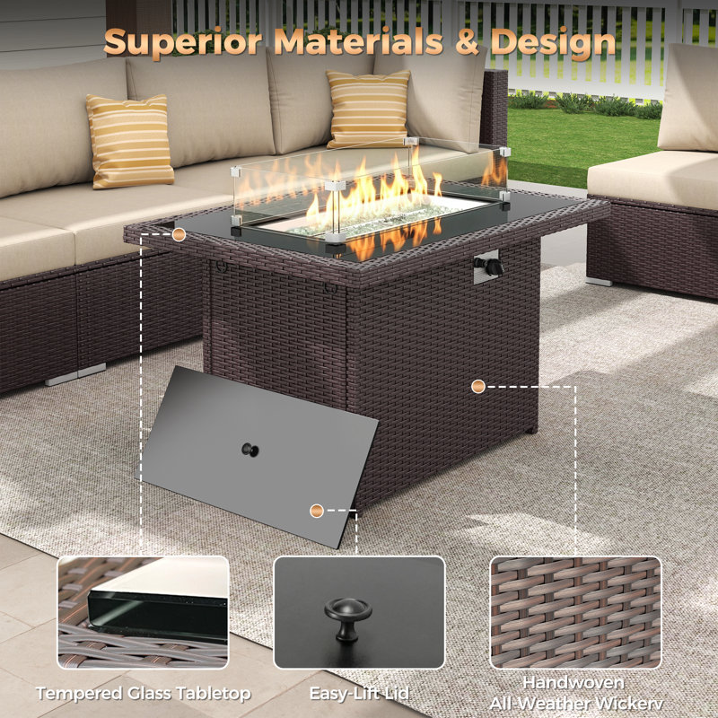 Watchet Outdoor Wicker Fire Pit Table, 60,000 BTU Rectangular Propane Fire Pit, Natural Gas Convertible Fireplace, Espresso