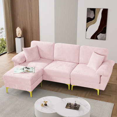 Canapé modulaire en velours de 91 po en L avec coussins de chaise et pieds en métal doré