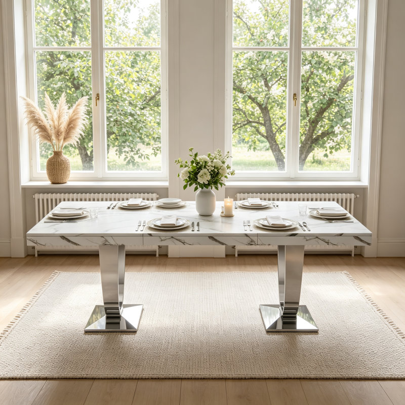 Table de salle à manger rectangulaire moderne et luxueuse de 70 pouces avec plateau imprimé marbre blanc et pied central en acier inoxydable pour la cuisine