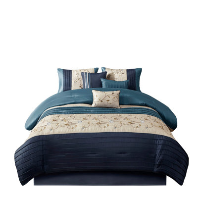 Embroidered 7 Piece Comforter Set Navy Queen