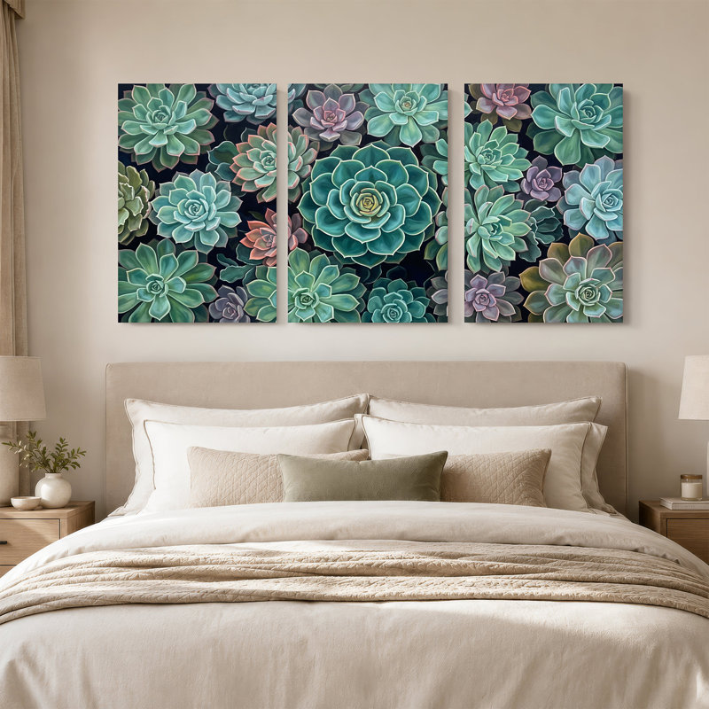 Ensemble de 3 plantes murales sarcelle et vertes sur fond sombre, H 30 po x l 20 po x 3 pièces